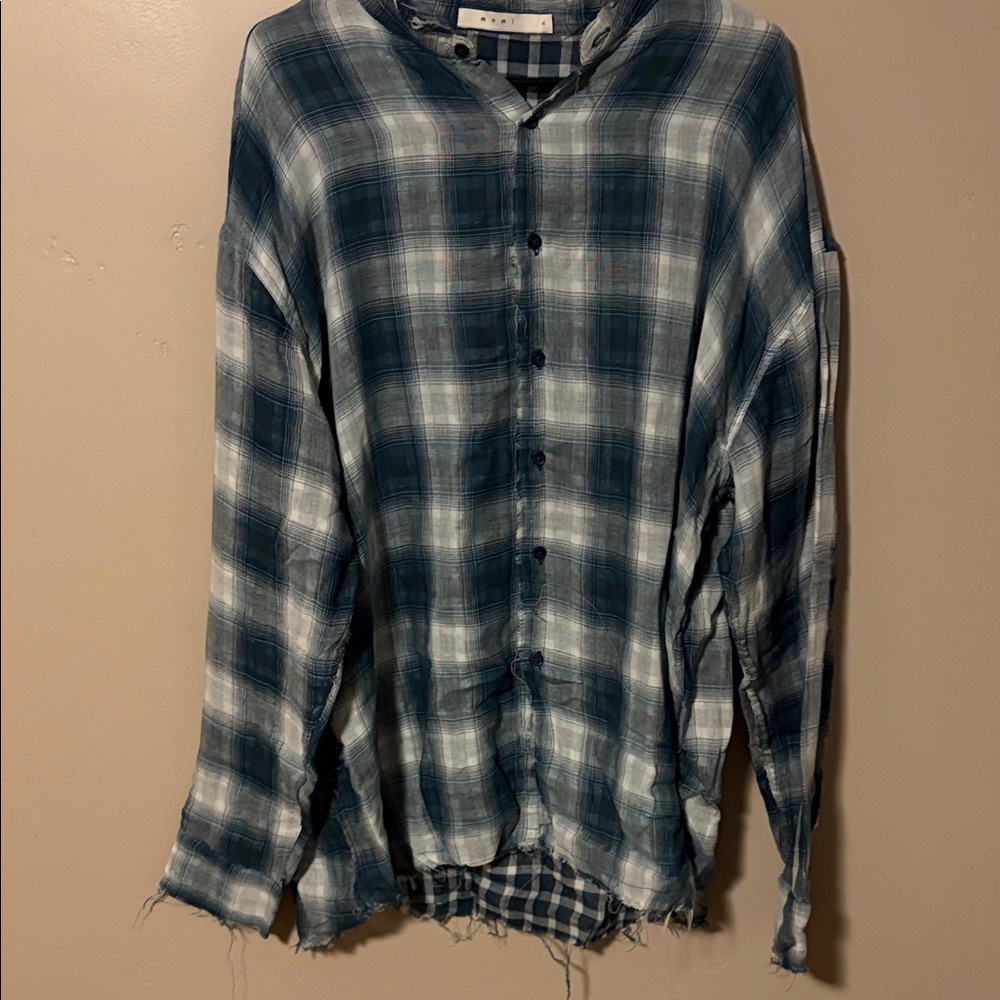 MNML Distressed Blue and White Plaid Shirt